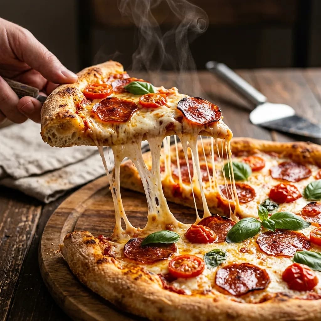 Hyper-realistic close-up of a pepperoni pizza slice with dramatic cheese pull