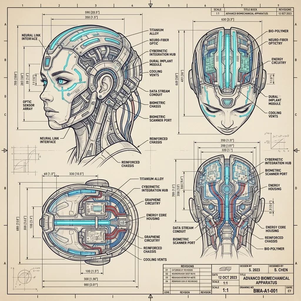 Blueprint-style technical schematic generation